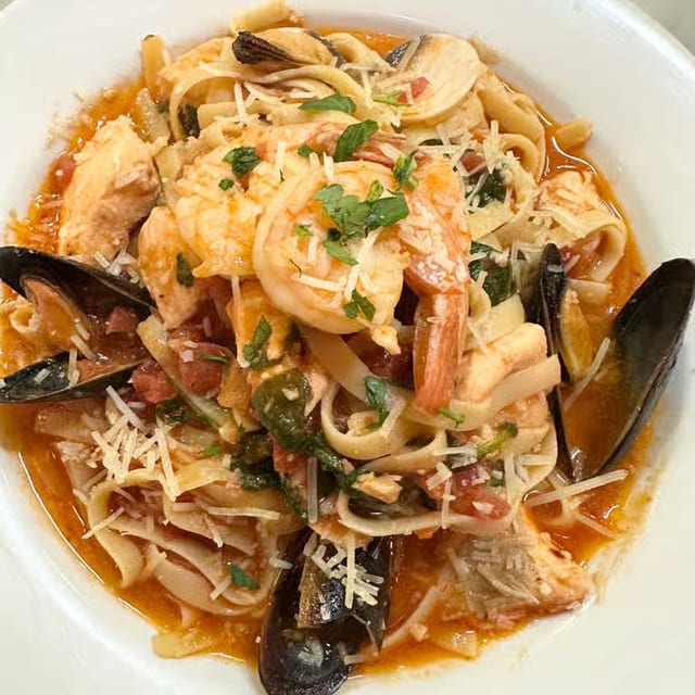 Seafood fettuccine dinner.