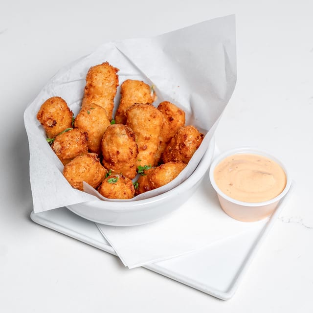 Macaroni & cheese pepper Jack creamy breaded bites brunch.