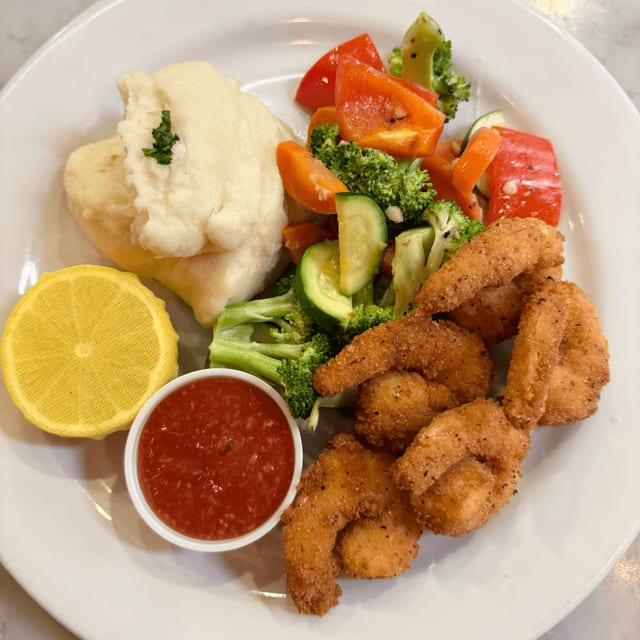 Panko crusted prawns dinner.