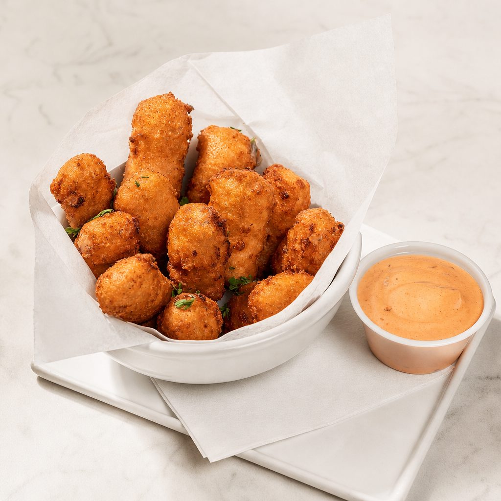 Macaroni and cheese pepper jack creamy breaded bites dinner.