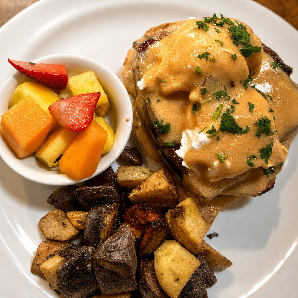 Angus certified rib eye steak benedict brunch.