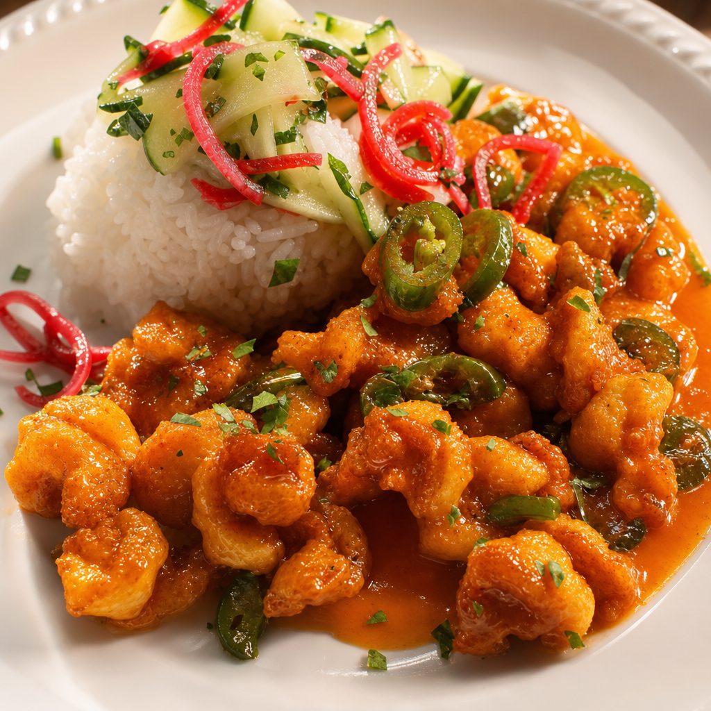 Jalapeño sweet chili prawns dinner.