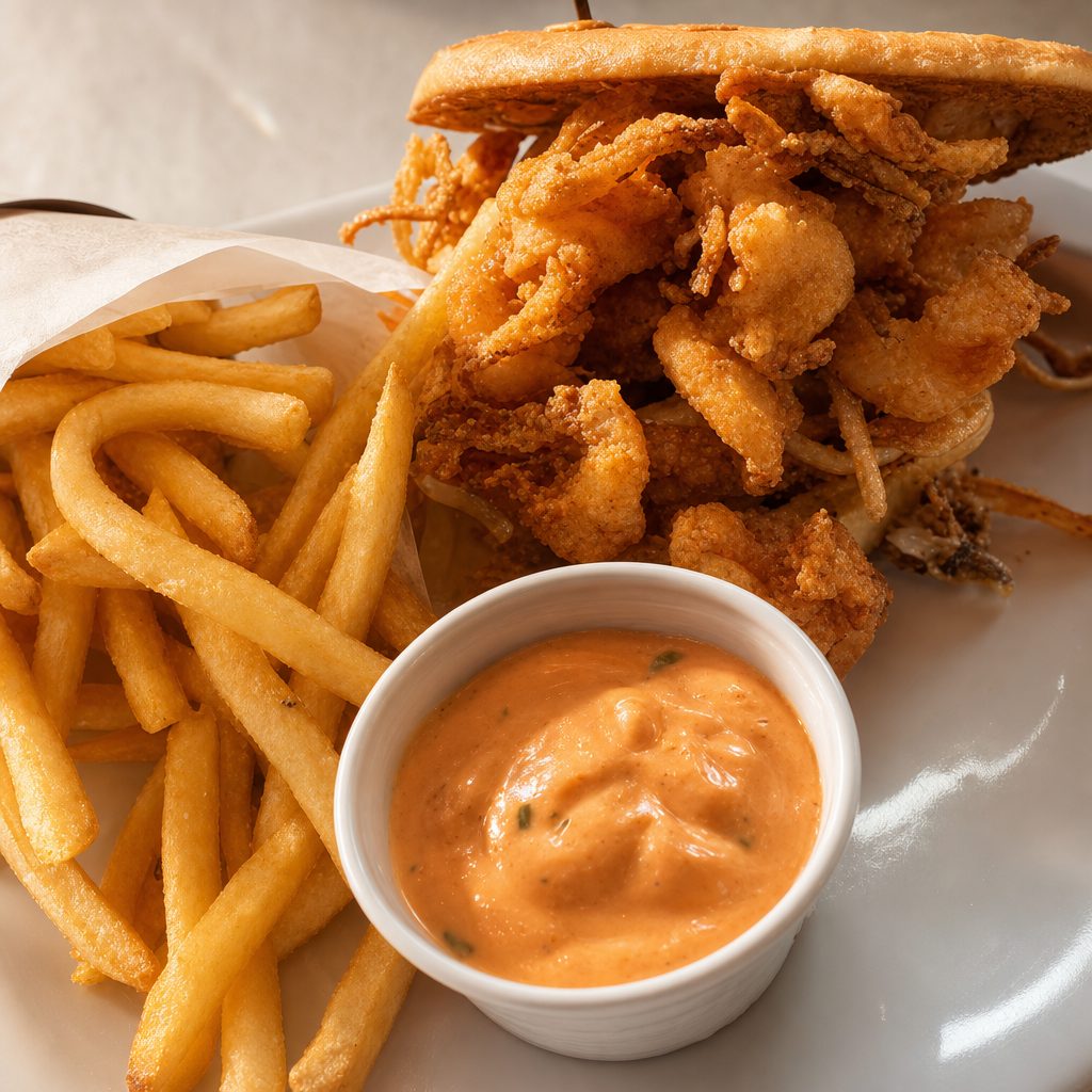 Shrimp po'boy sandwich.