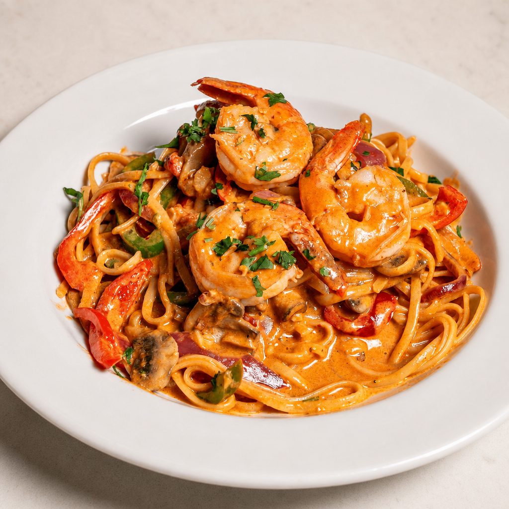 Thai coconut curry linguine with prawns dinner.