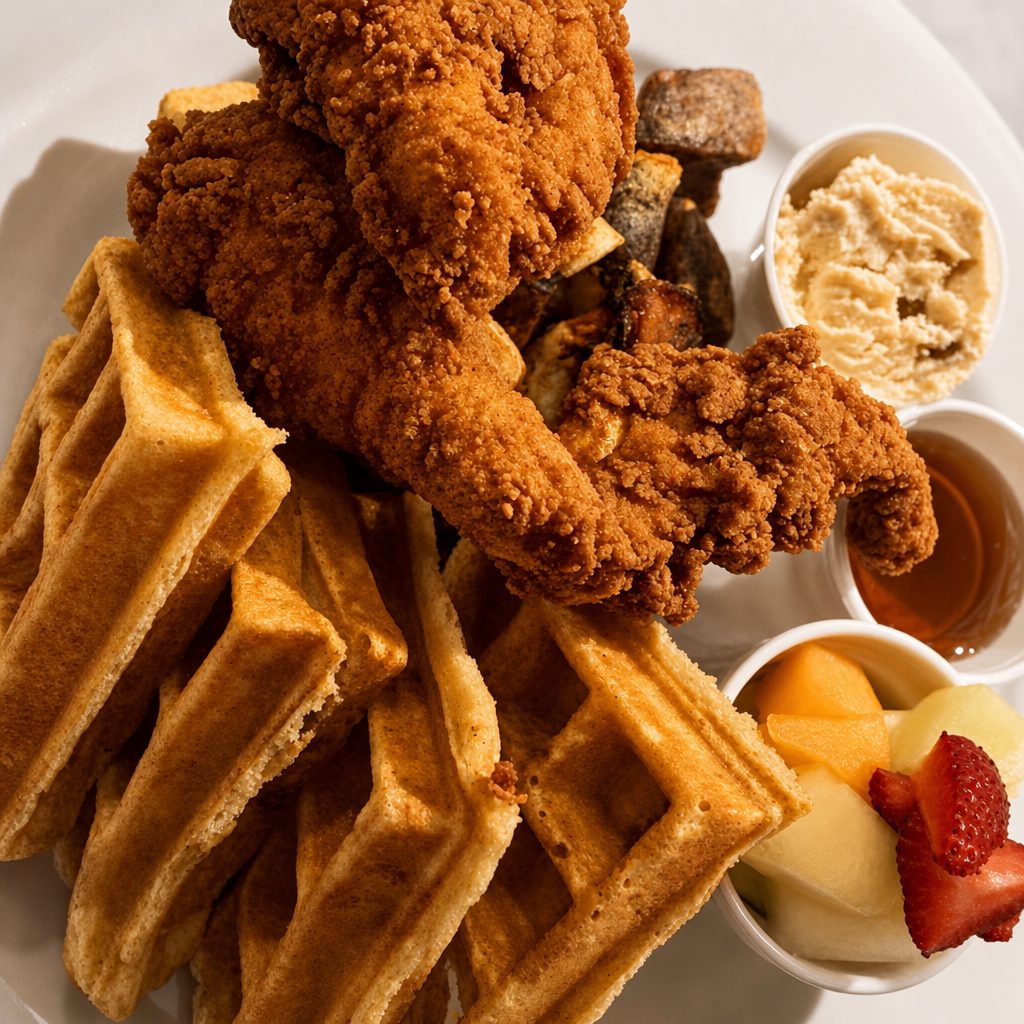 Southern fried chicken and waffles brunch.