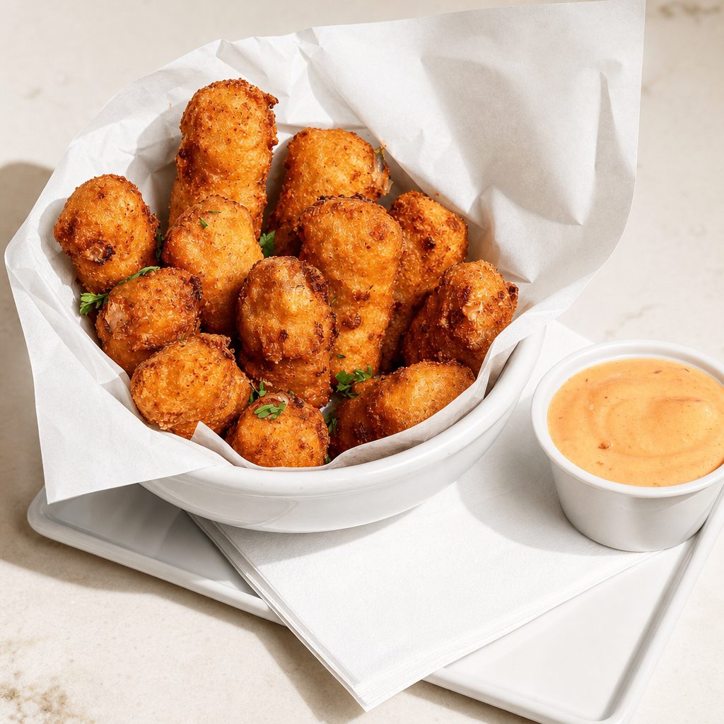 Macaroni & cheese pepper Jack creamy breaded bites brunch.