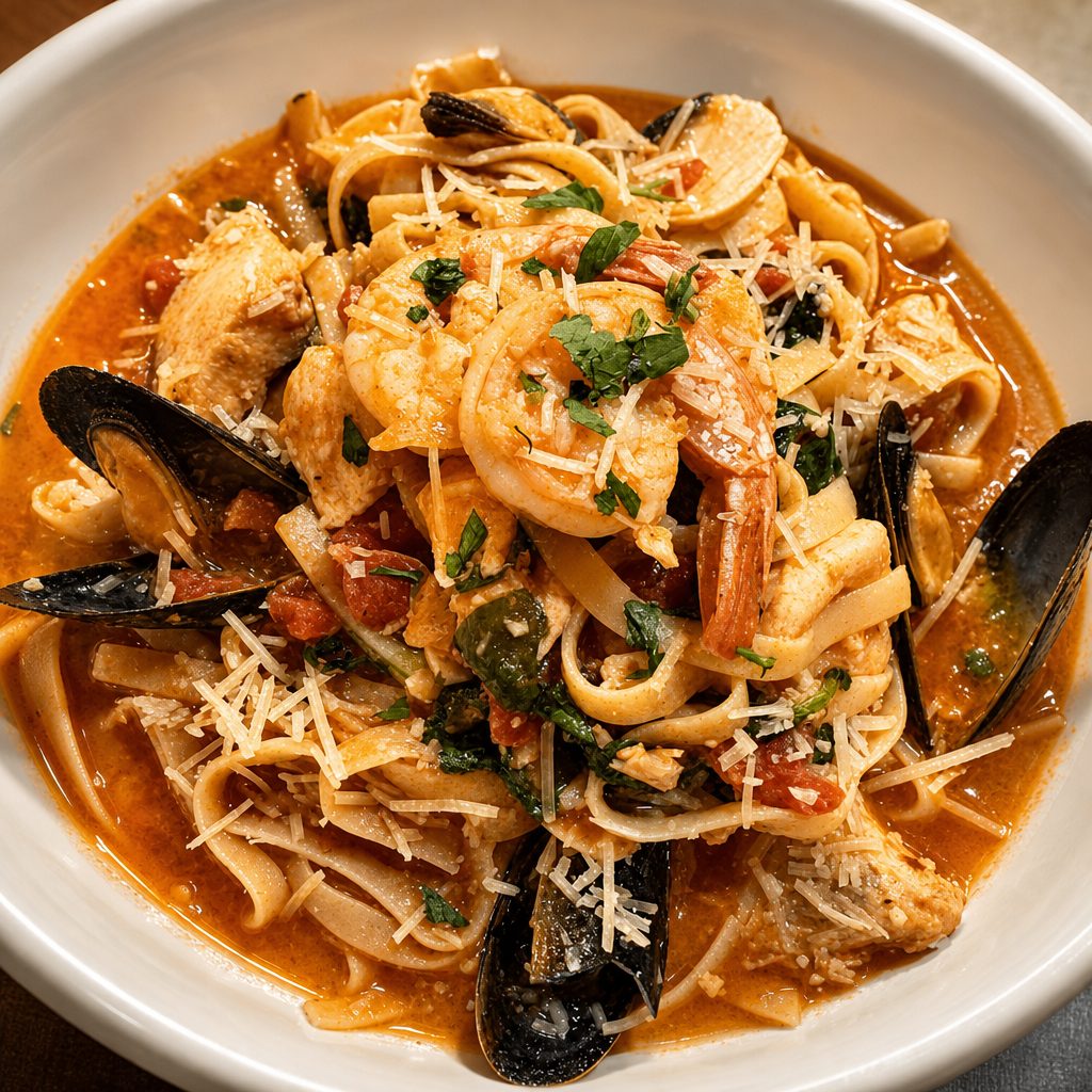 Seafood fettuccine dinner.