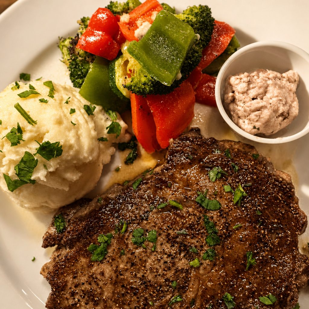 Grilled premium rib eye dinner.