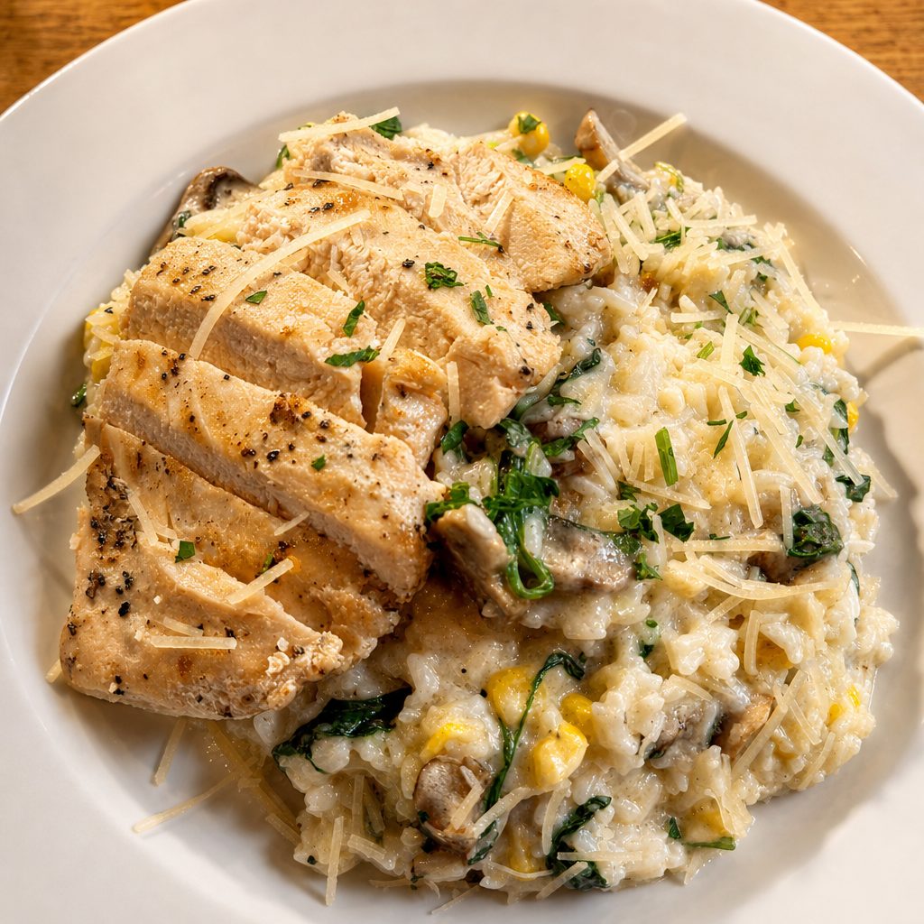 Mushroom risotto with chicken.
