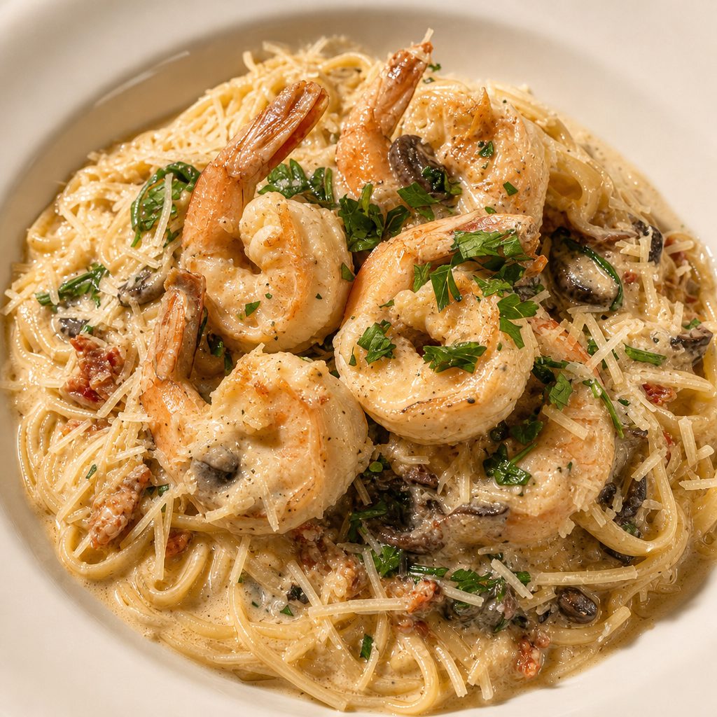 Fettuccine with prawns dinner.