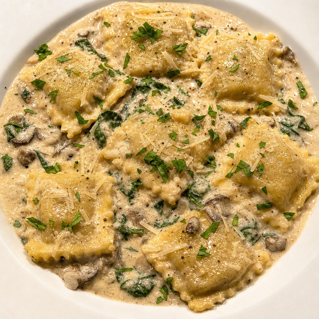 Mushroom ravioli dinner.