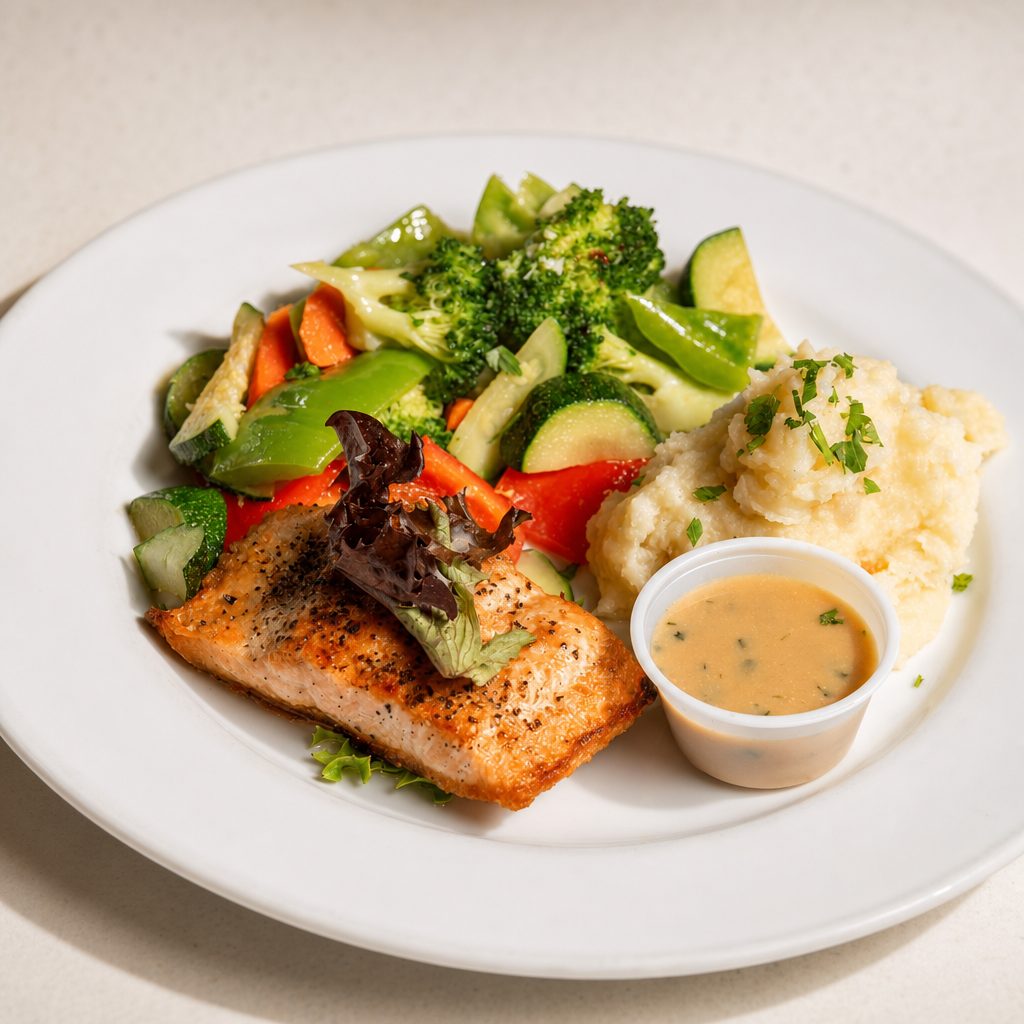 Miso glazed salmon filet dinner.