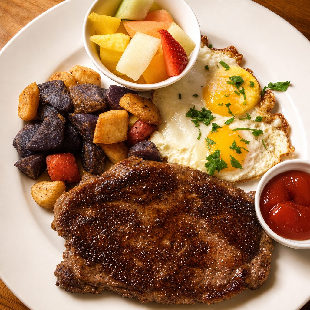 Grilled angus certified rib eye steak and eggs brunch.