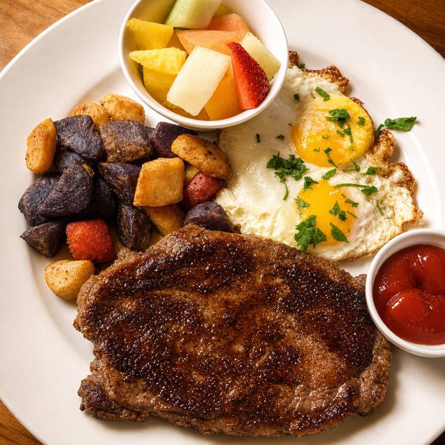 Grilled angus certified rib eye steak and eggs brunch.