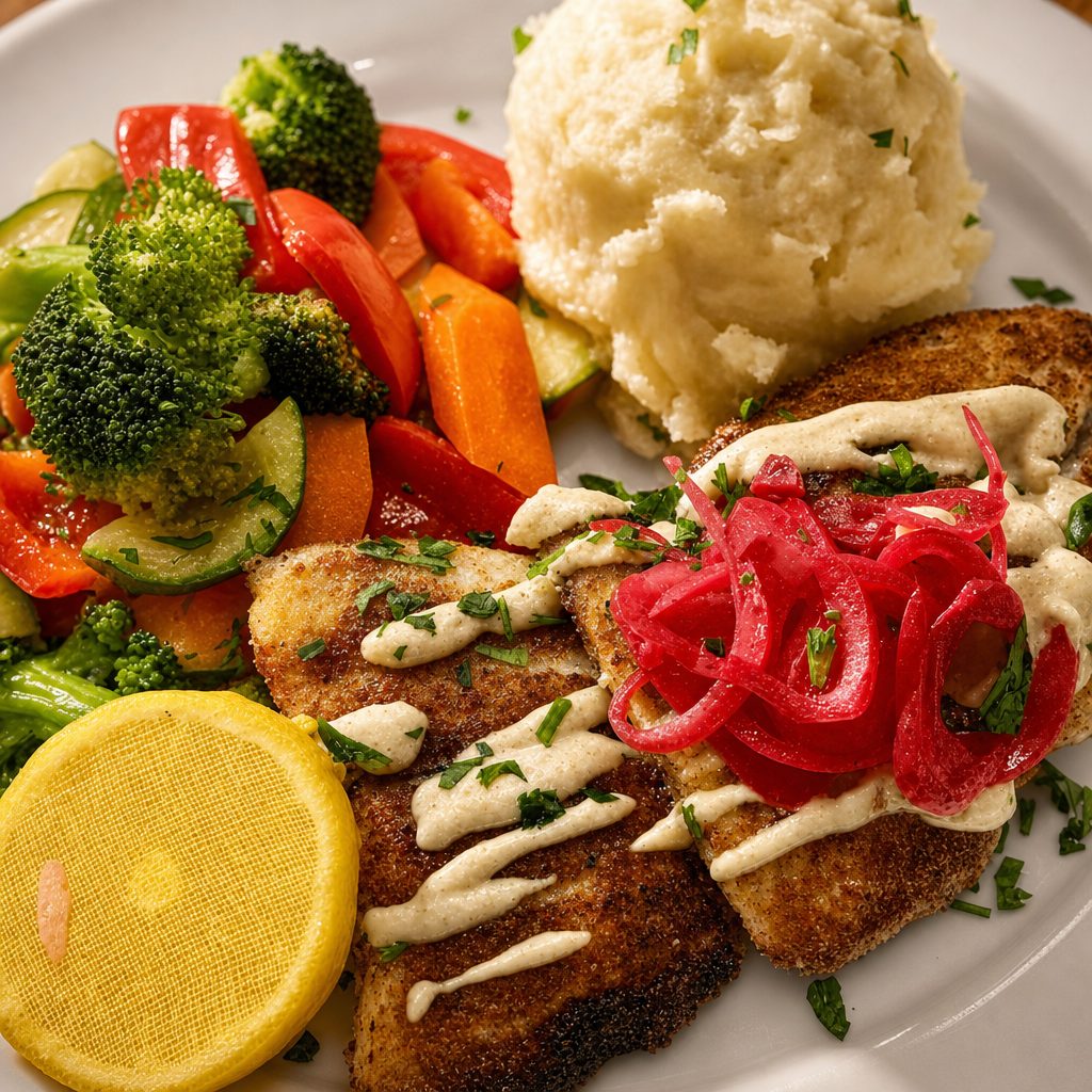 Cajun crusted catfish dinner.