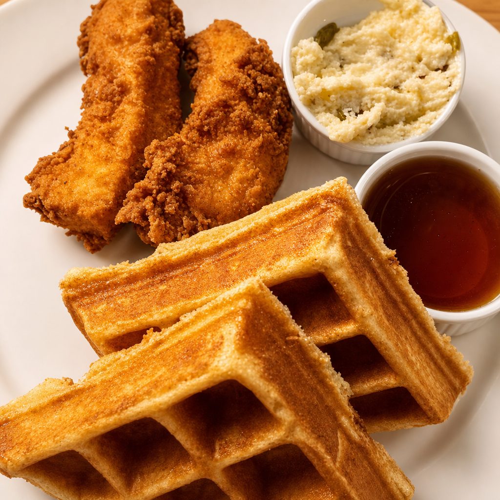 Petite chicken & waffles dinner.