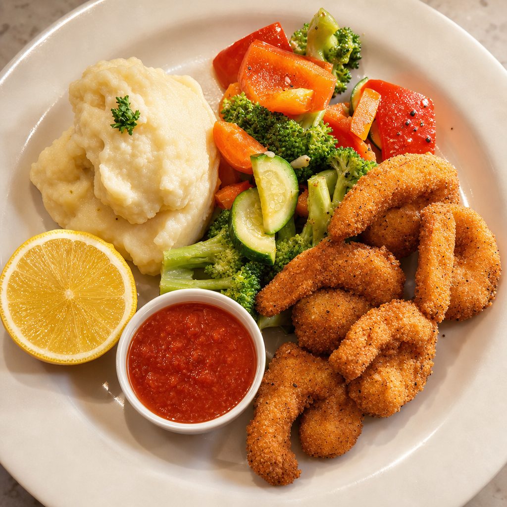 Panko crusted prawns dinner.